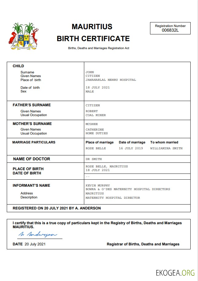 Modèle Word et PDF d'acte de naissance d'acte d'état civil de Maurice